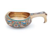 A Large Russian Silver-Gilt and Shaded Enamel Presentation Kovsh