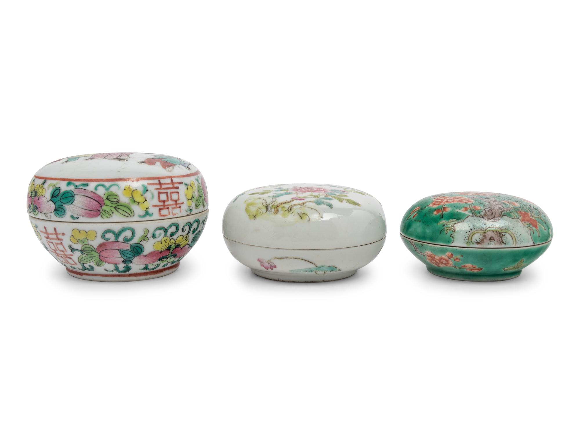 Three Chinese Famille Rose Porcelain Covered Seal Paste Boxes