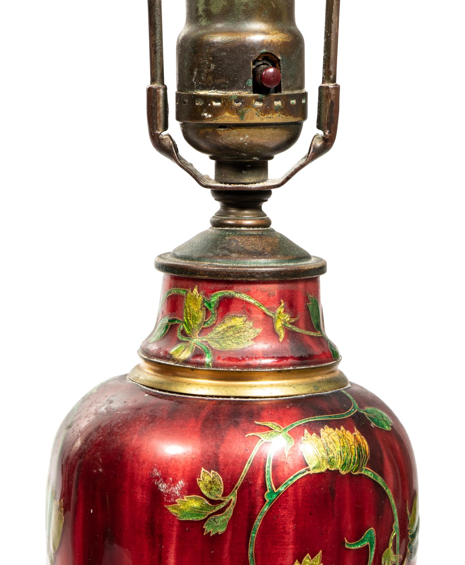 A Pair of French Enameled Metal Vases Mounted as Lamps