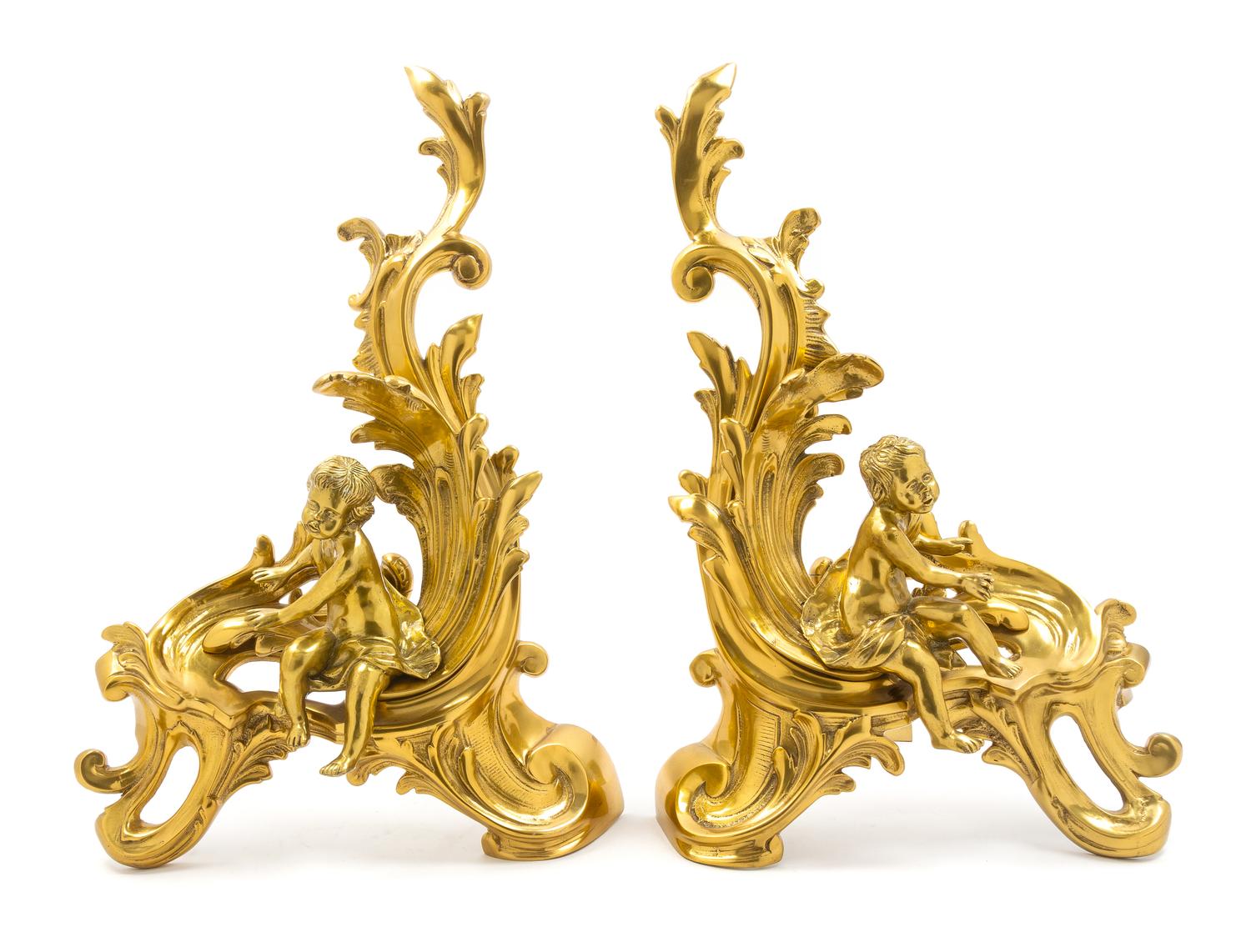 A Pair of Louis XV Style Gilt Bronze Chenets Height 19 1/2 x width 23 inches. — LATE 19TH CENTURY