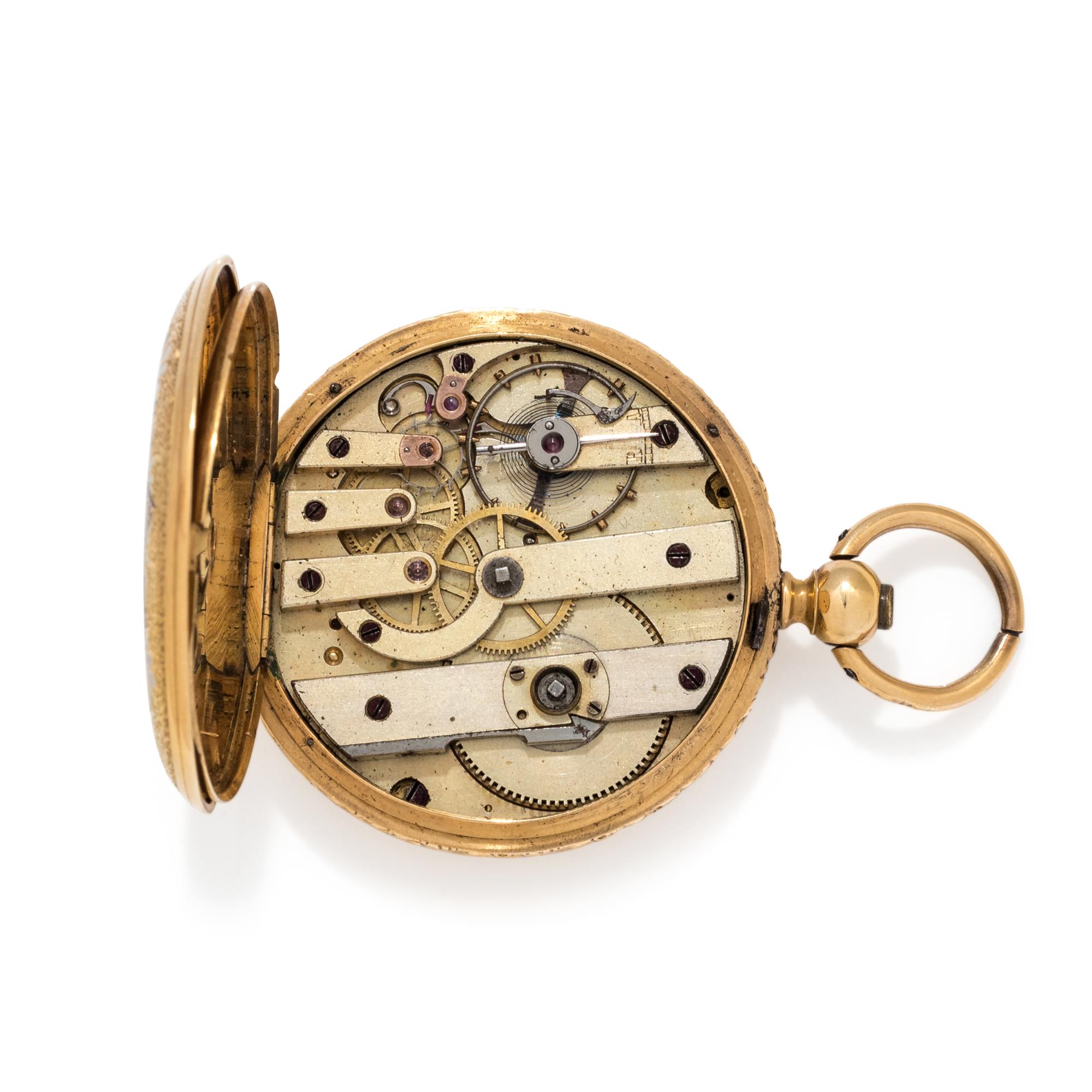 18K YELLOW GOLD AND ENAMEL HUNTER CASE POCKET WATCH
