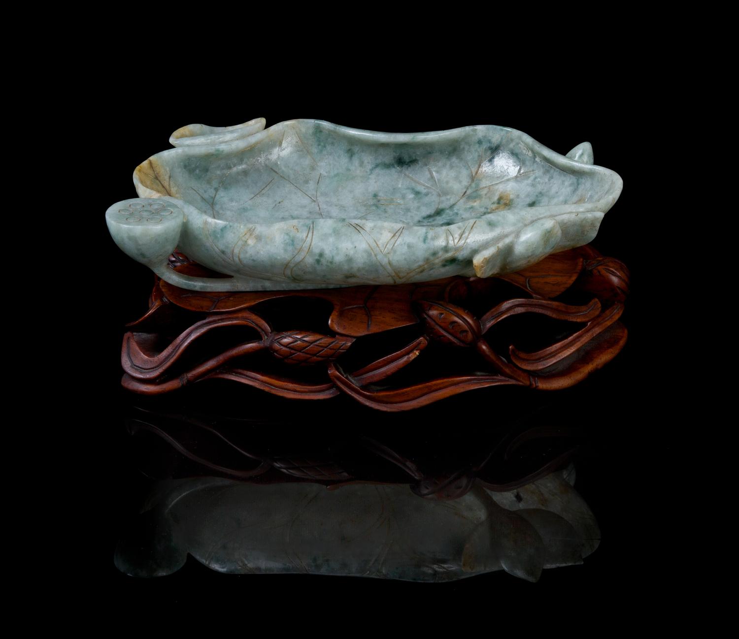 A Carved Jadeite Brush Washer Length 6 inches.