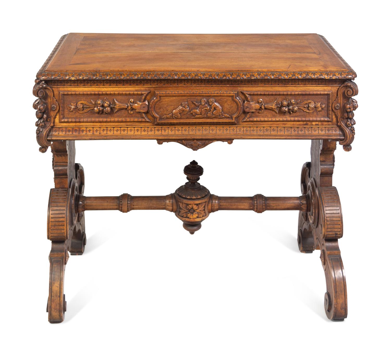 A Swiss Cylinder Music Box in a Carved Walnut Case and Stand