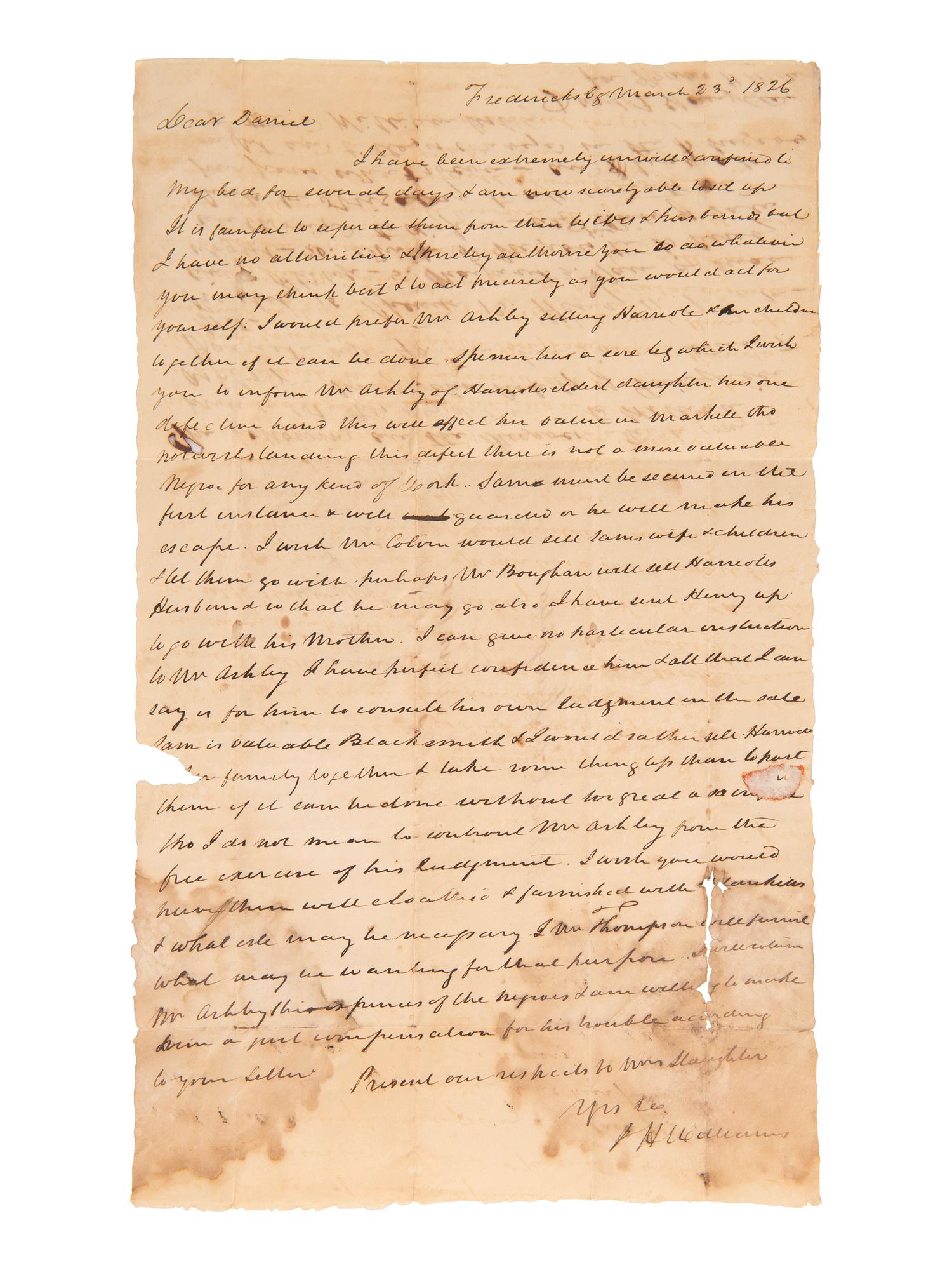 [SLAVERY]. Letter regarding the separation of enslaved wives and husbands at auction. 23 March 1826.