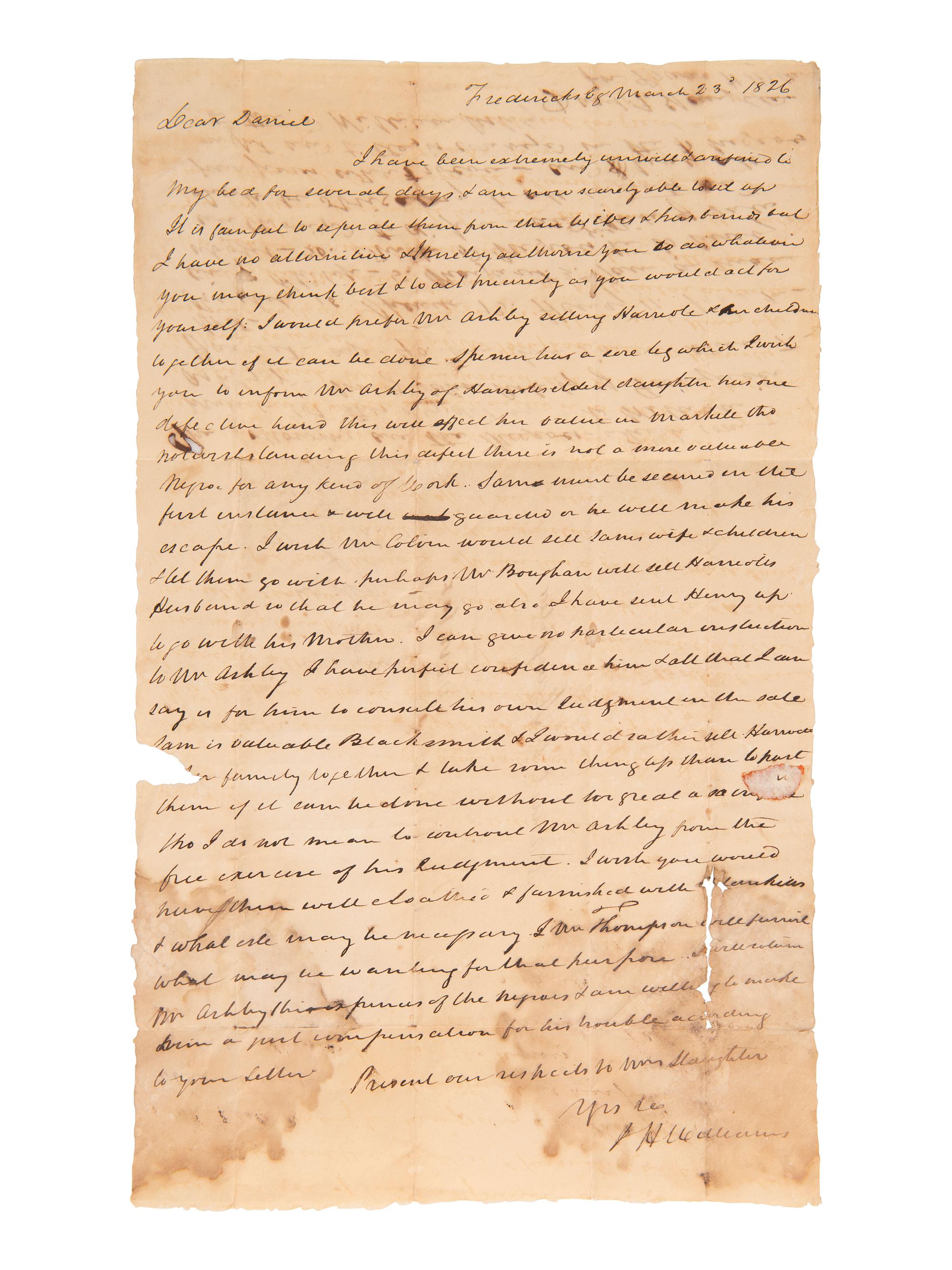 [SLAVERY]. Letter regarding the separation of enslaved wives and husbands at auction. 23 March 1826.