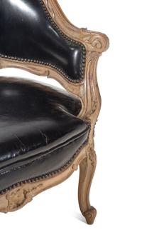 A Louis XV Style Painted and Black Leather Upholstered Bergère