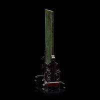 A Small Chinese Spinach Jade and Carved Wood Table Screen, Late Qing Dynasty/Republic Period 晚清民國 硬木嵌碧玉小插屏