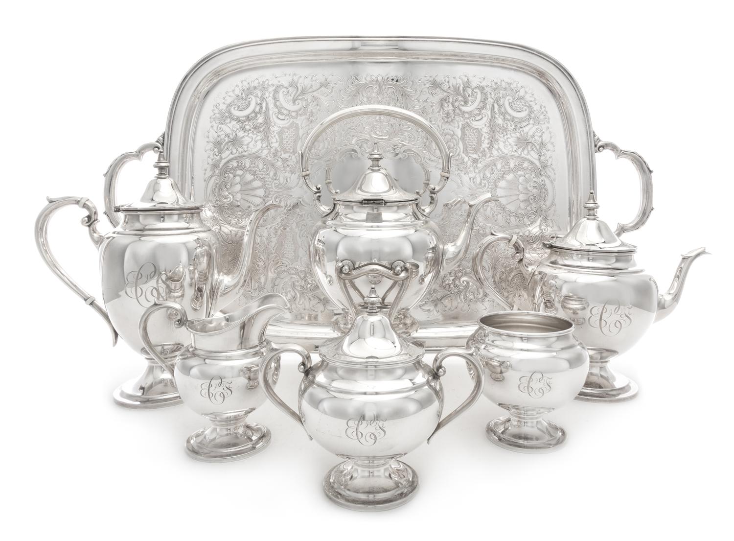 An American Silver Six-Piece Tea and Coffee Service, Gorham Mfg. Co., Providence, RI, 1947, Puritan pattern, comprising a water kettle