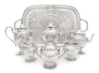 An American Silver Six-Piece Tea and Coffee Service, Gorham Mfg. Co., Providence, RI, 1947, Puritan pattern, comprising a water kettle