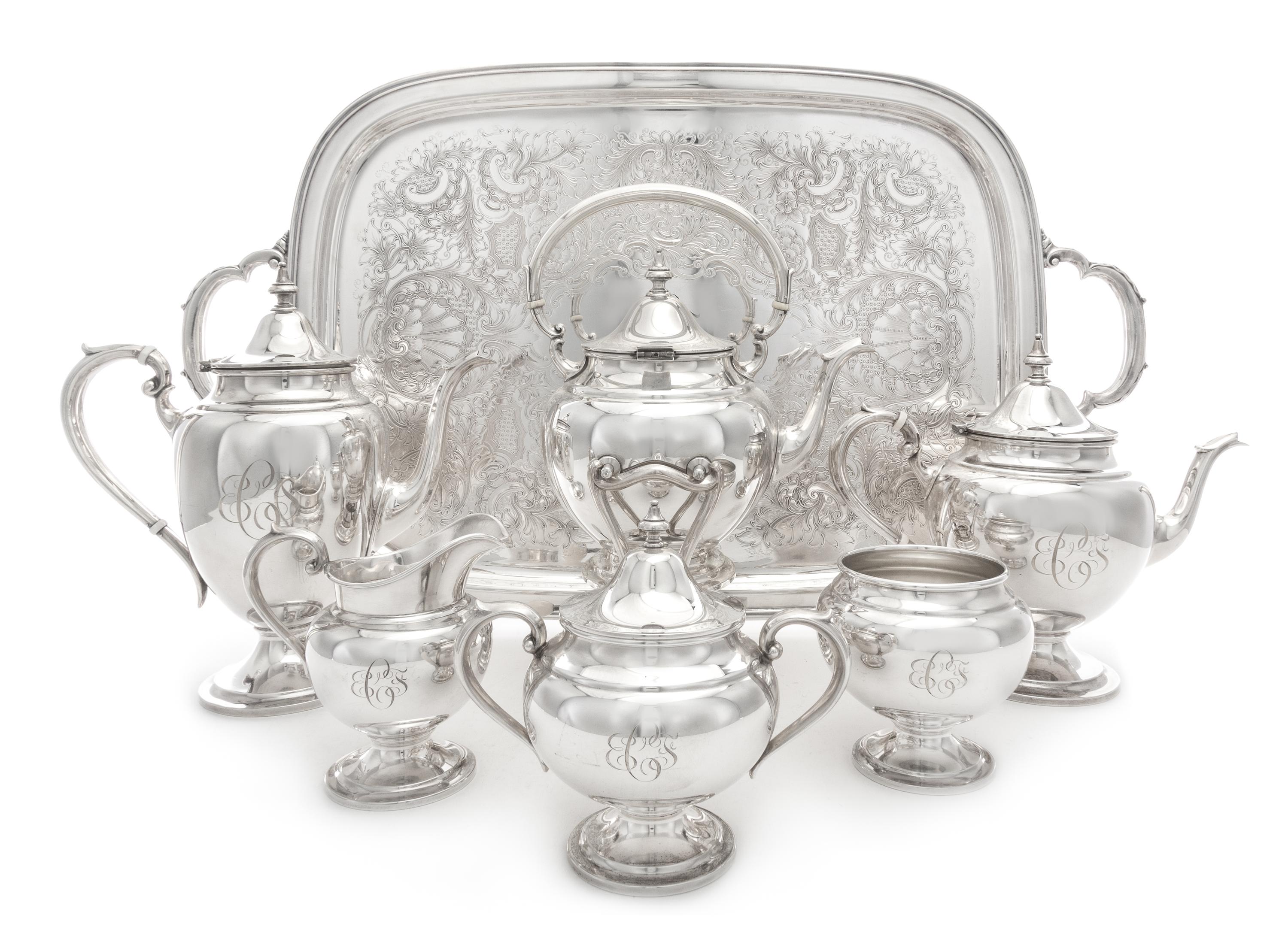 An American Silver Six-Piece Tea and Coffee Service, Gorham Mfg. Co., Providence, RI, 1947, Puritan pattern, comprising a water kettle