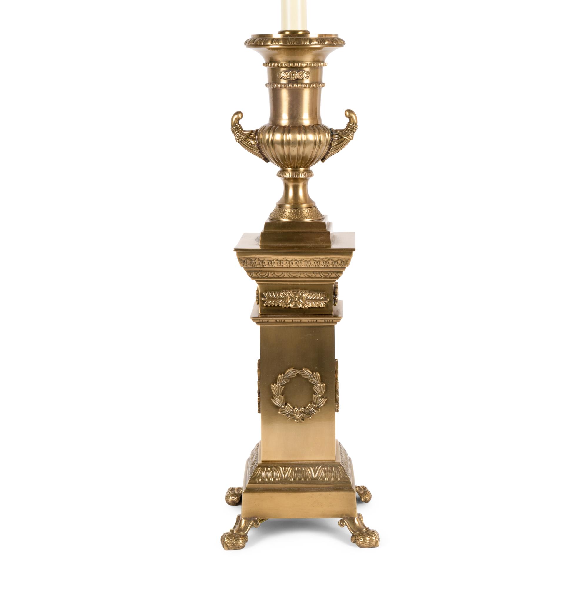 A Pair of Neoclassical Style Brass Urn-Form Lamps with Silk Shades