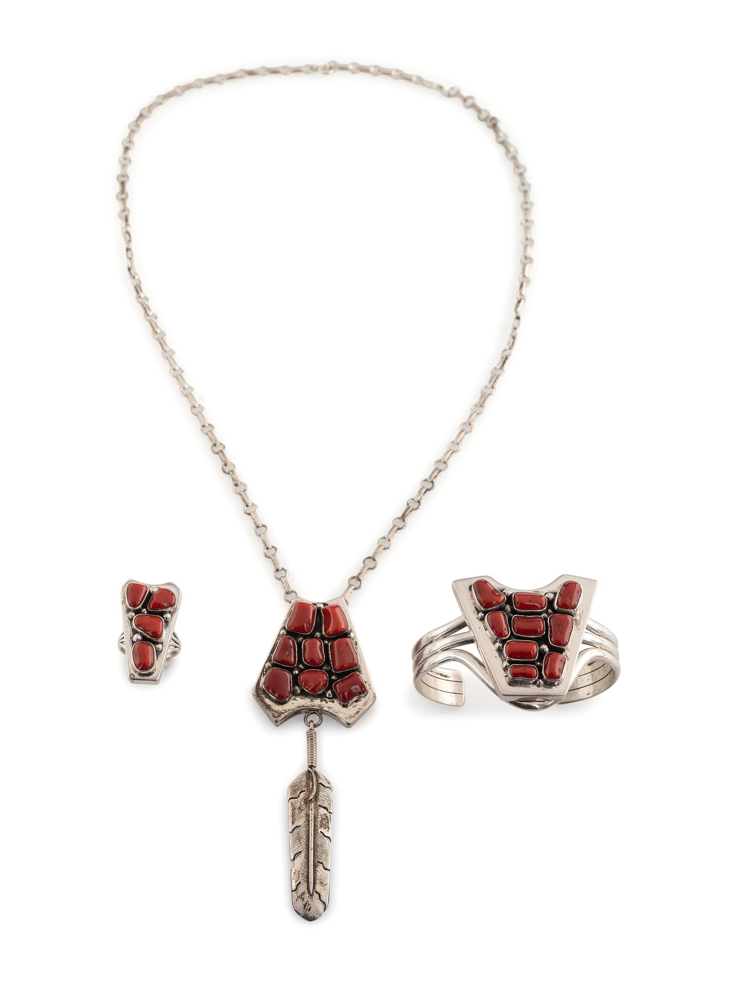 Silver and Coral Cluster Cuff Bracelet, Necklace, AND Ring Set