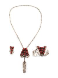 Silver and Coral Cluster Cuff Bracelet, Necklace, AND Ring Set