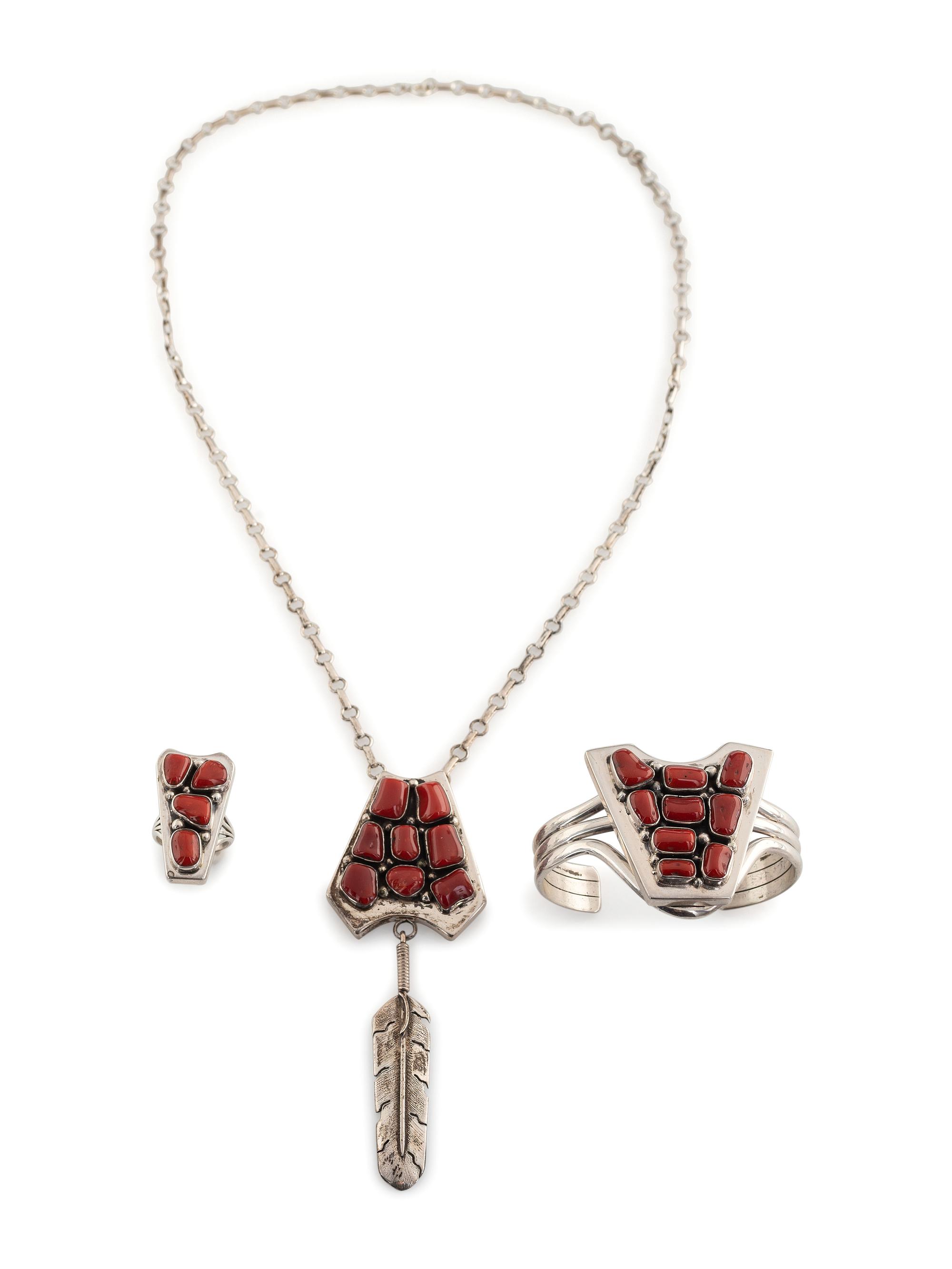 Silver and Coral Cluster Cuff Bracelet, Necklace, AND Ring Set