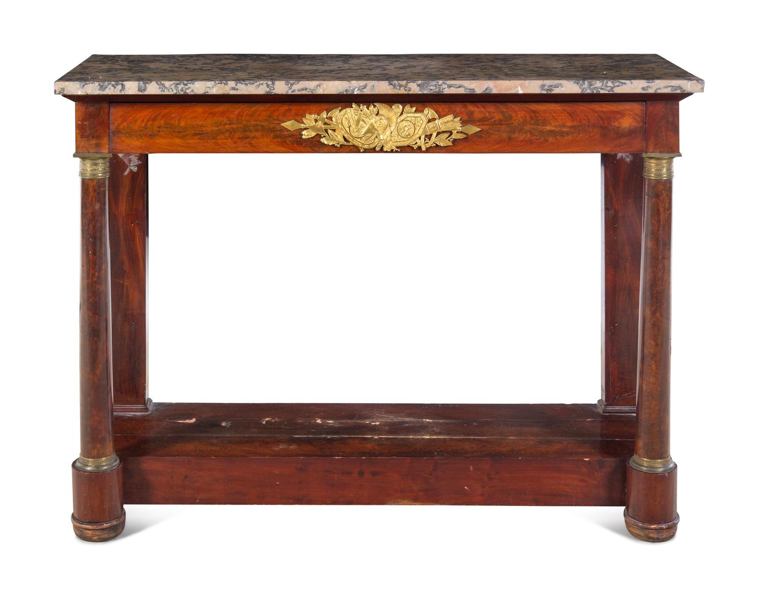 An Empire Style Gilt Metal Mounted Mahogany Marble-Top Pier Table