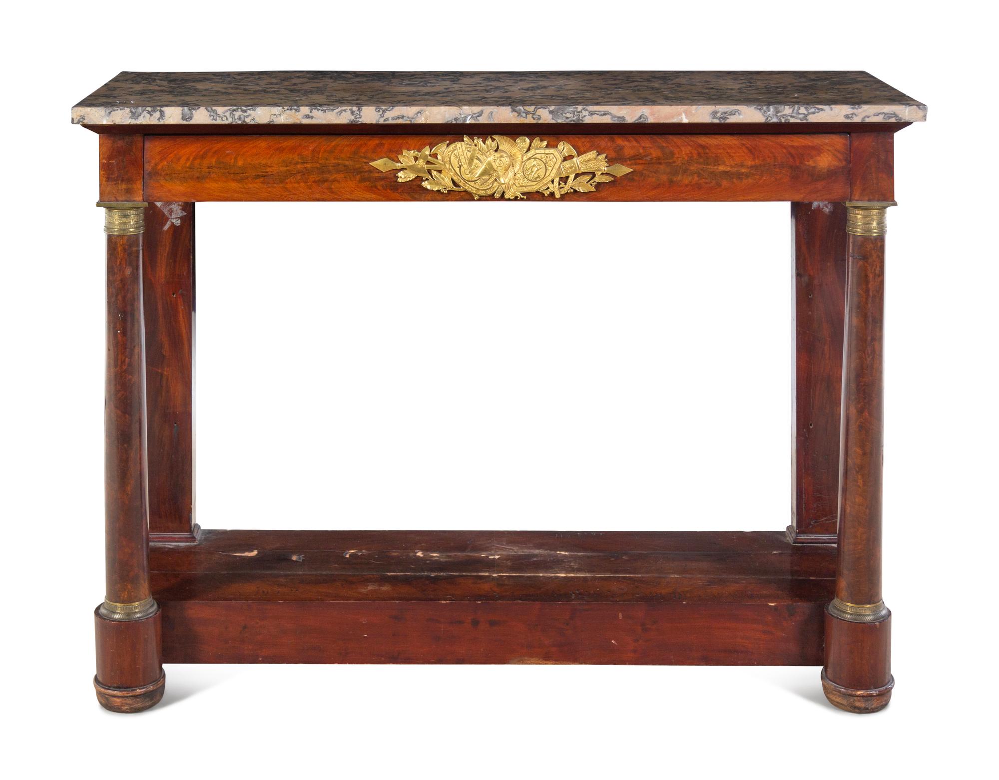 An Empire Style Gilt Metal Mounted Mahogany Marble-Top Pier Table