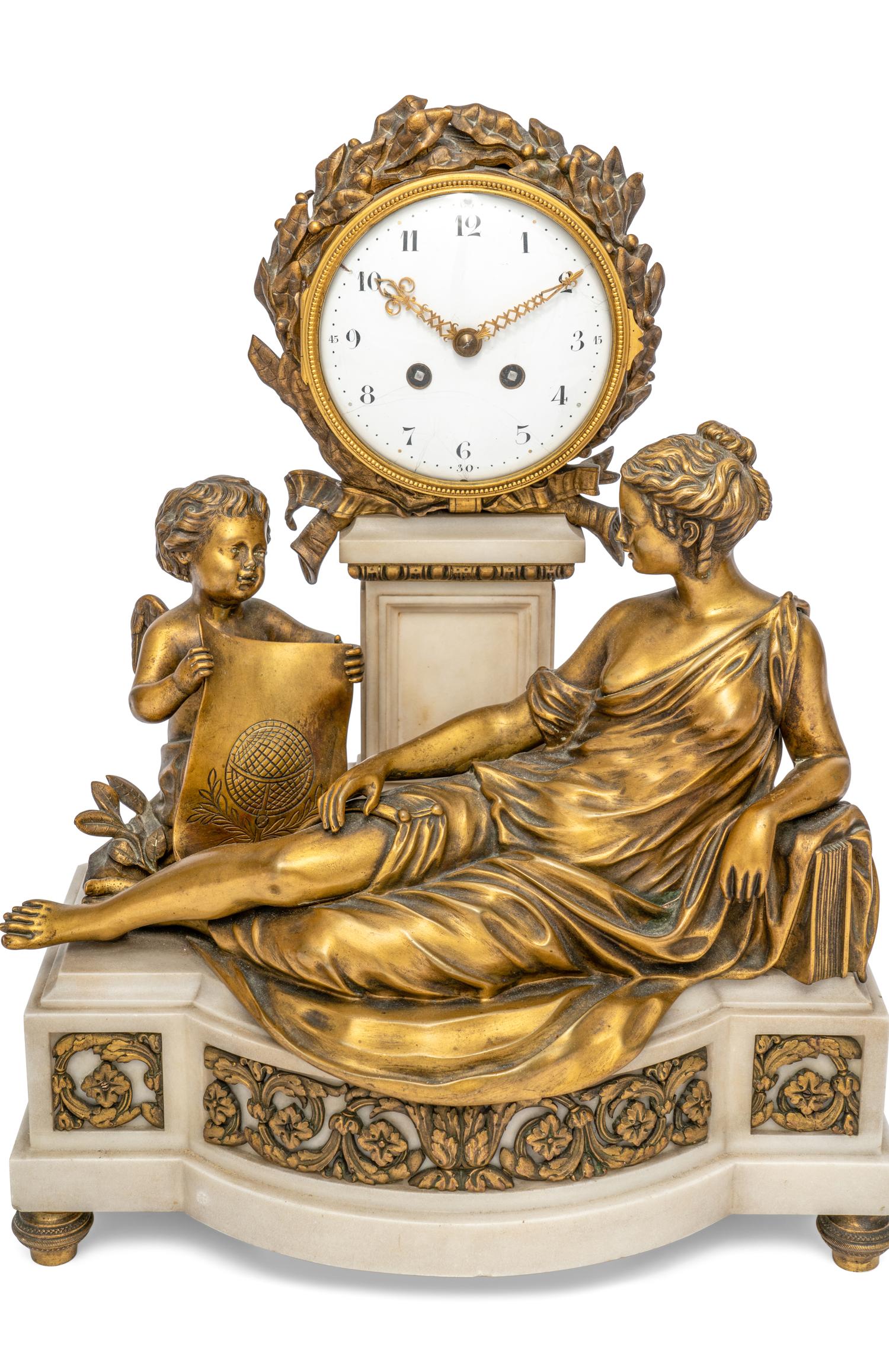 A French Gilt Bronze and Marble Clock Garniture