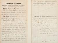 [RECONSTRUCTION -- SLAVERY & ABOLITION]. JOHNSON, Andrew (1808-1875). Partly printed pardon signed ("Andrew Johnson"), as President of the United States. Washington, D.C., 25 August 1865.
