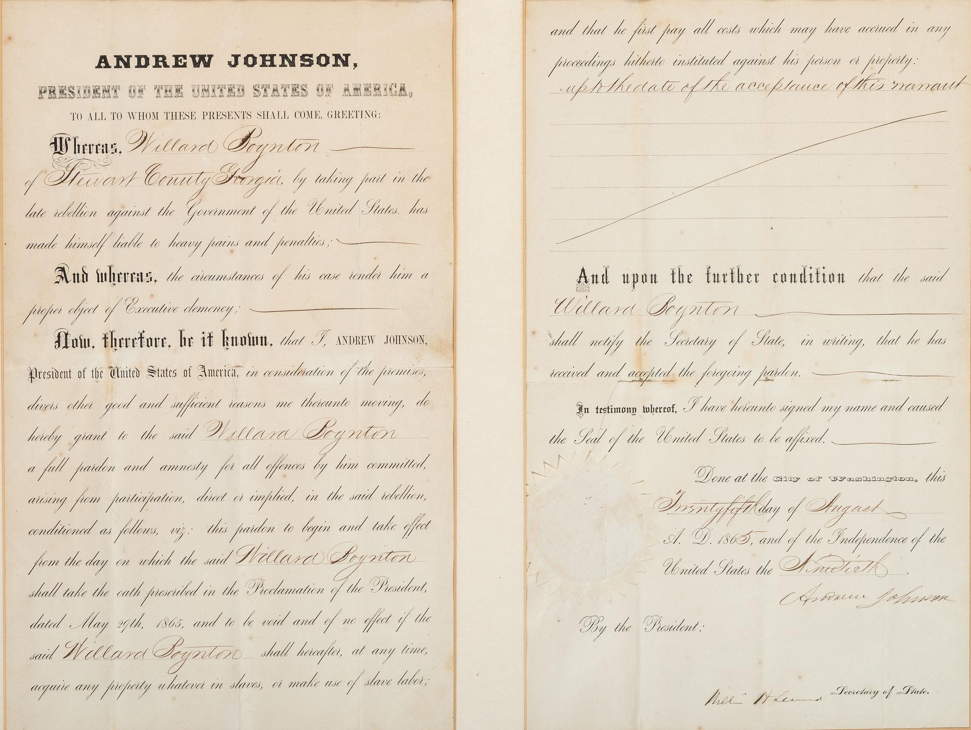 [RECONSTRUCTION -- SLAVERY & ABOLITION]. JOHNSON, Andrew (1808-1875). Partly printed pardon signed ("Andrew Johnson"), as President of the United States. Washington, D.C., 25 August 1865.