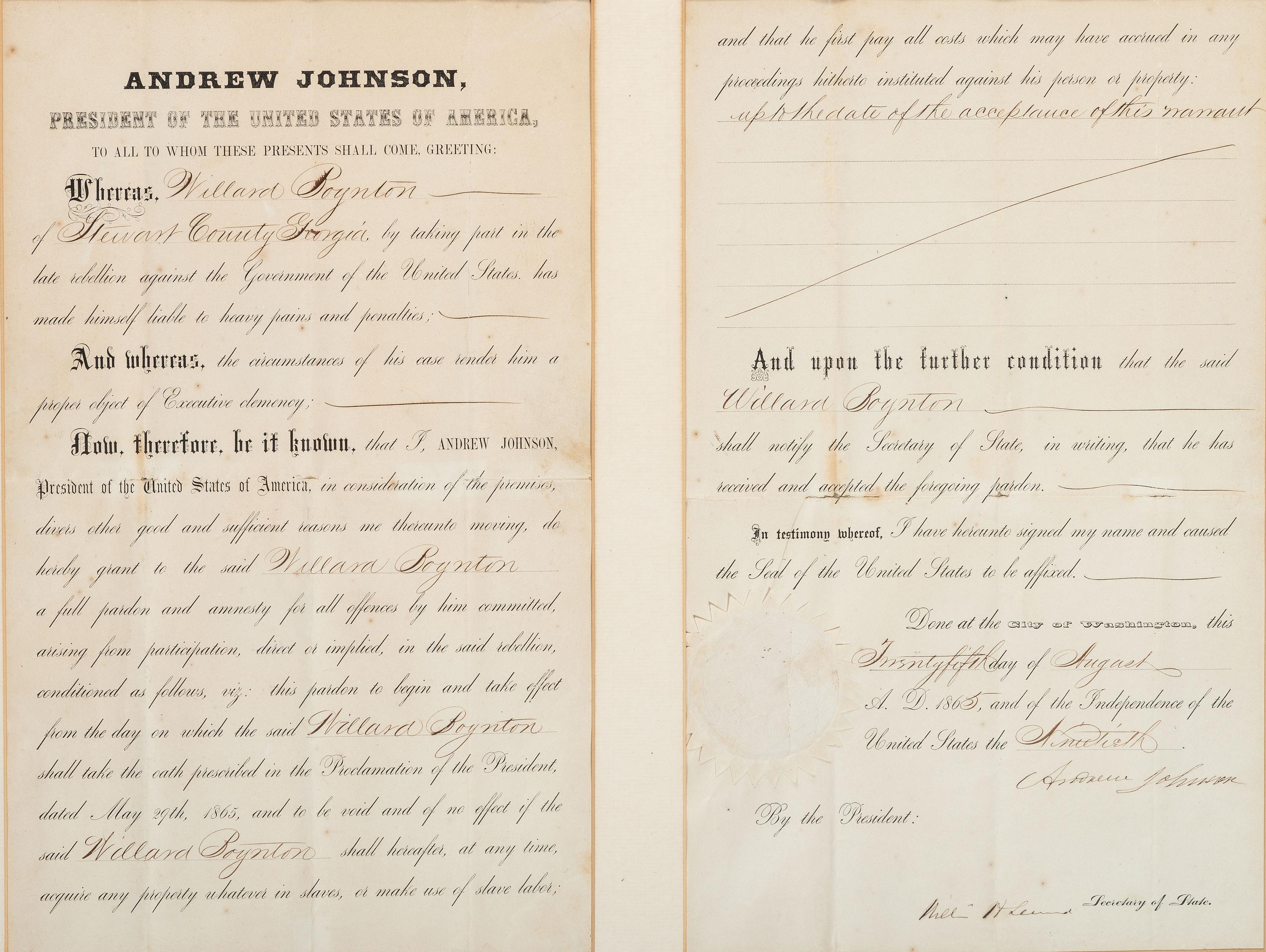 [RECONSTRUCTION -- SLAVERY & ABOLITION]. JOHNSON, Andrew (1808-1875). Partly printed pardon signed ("Andrew Johnson"), as President of the United States. Washington, D.C., 25 August 1865.
