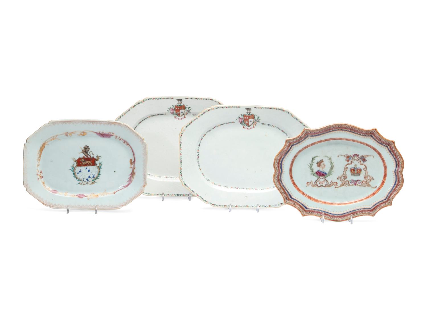 Four Chinese Export Porcelain Armorial Trays