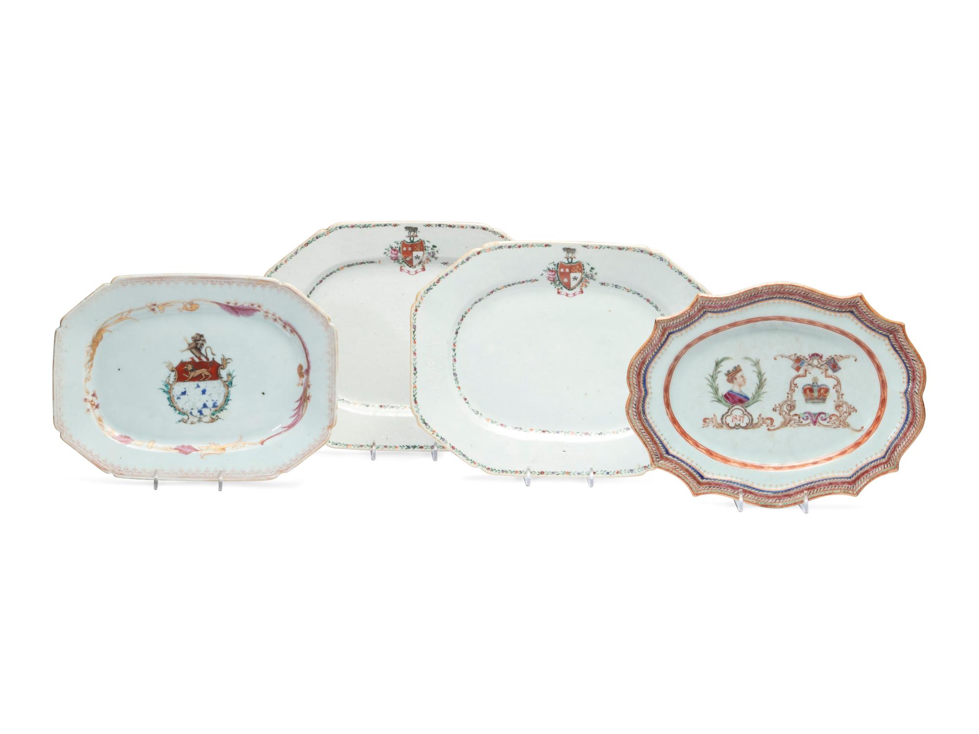 Four Chinese Export Porcelain Armorial Trays