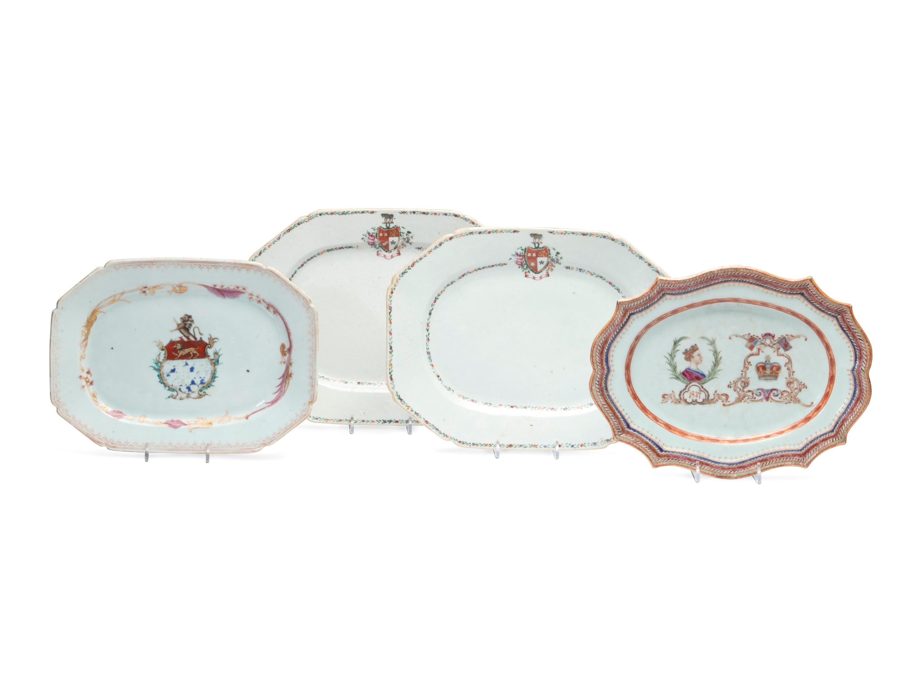 Four Chinese Export Porcelain Armorial Trays