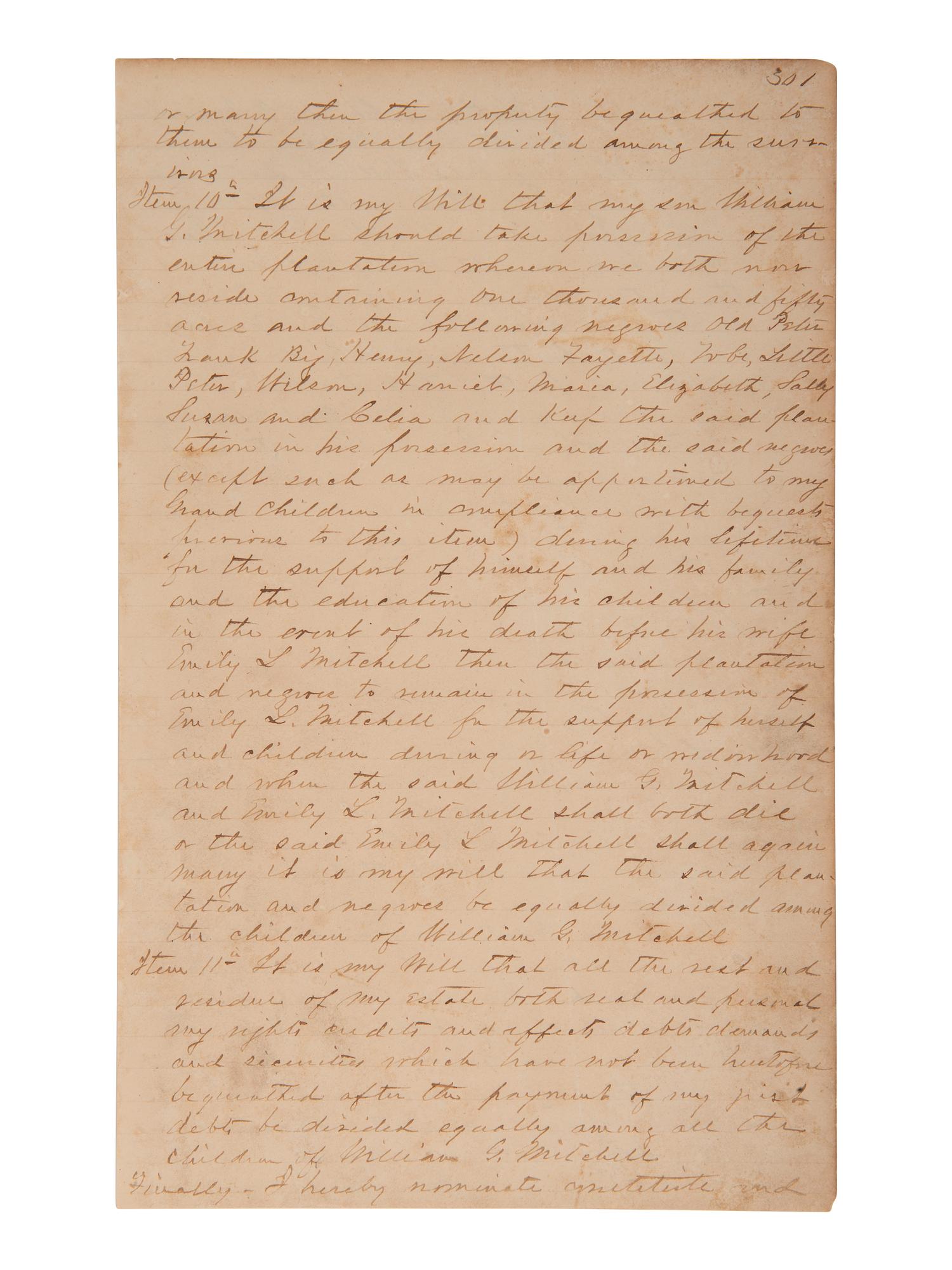 [ENSLAVEMENT]. 1853 will of Green Mitchell bequeathing 29 enslaved persons to family. Decatur, GA.