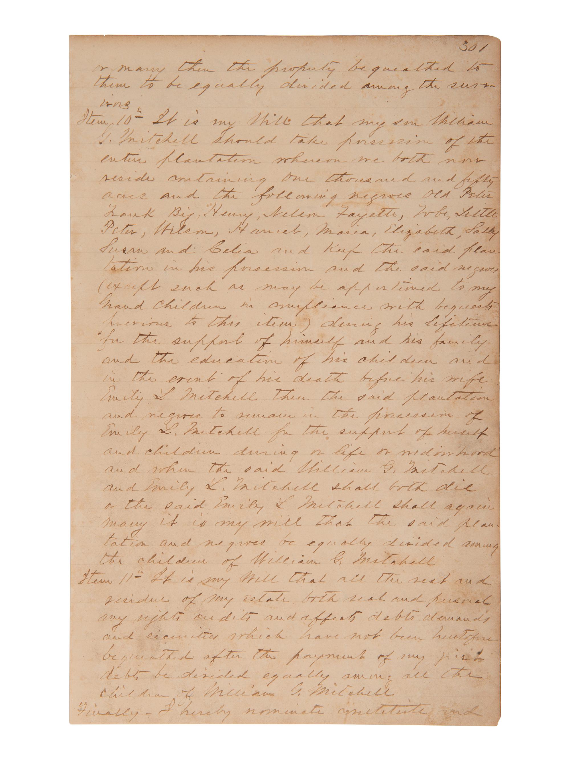 [ENSLAVEMENT]. 1853 will of Green Mitchell bequeathing 29 enslaved persons to family. Decatur, GA.