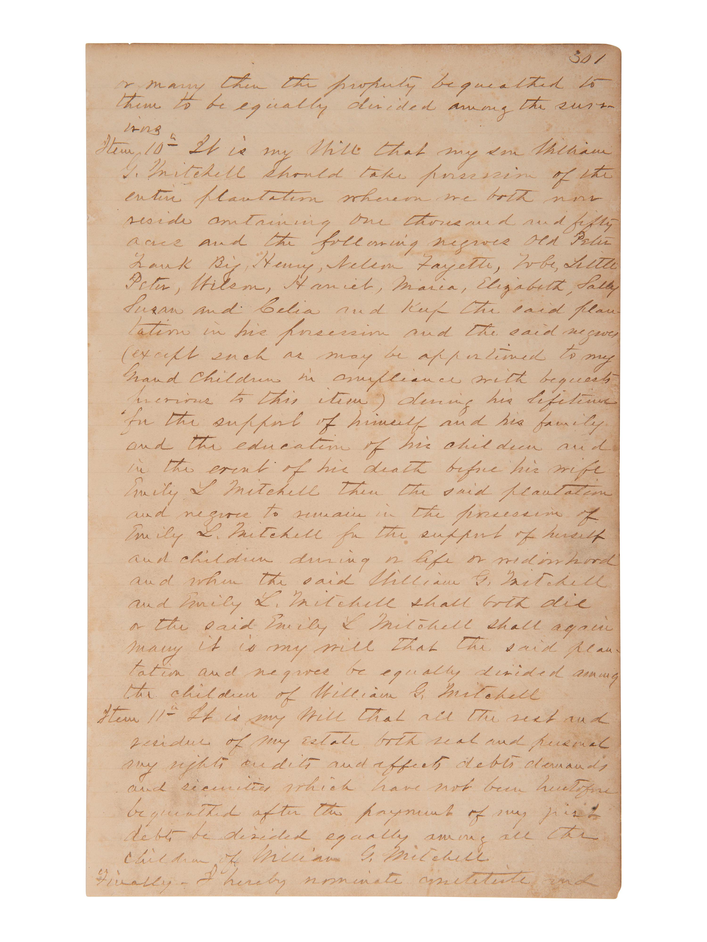 [ENSLAVEMENT]. 1853 will of Green Mitchell bequeathing 29 enslaved persons to family. Decatur, GA.
