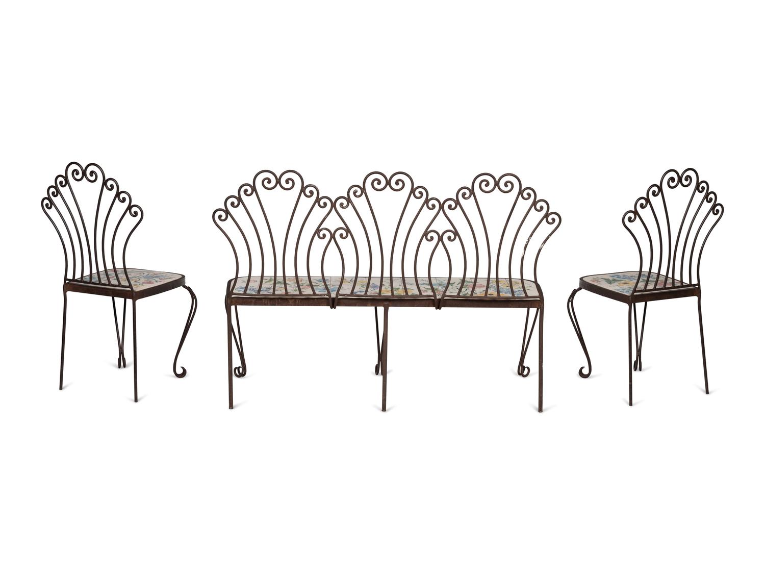 A Wrought Iron and Tile Bench and Pair of Chairs