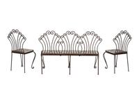 A Wrought Iron and Tile Bench and Pair of Chairs