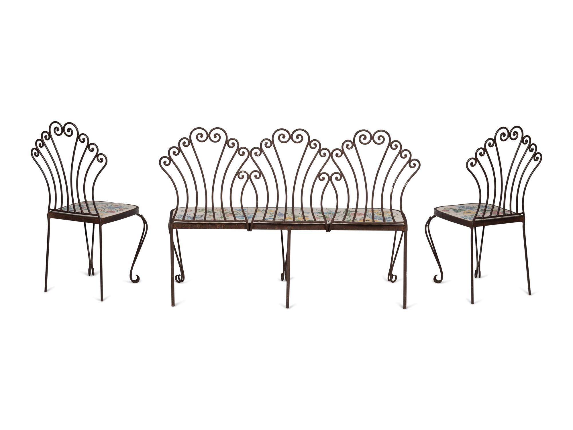 A Wrought Iron and Tile Bench and Pair of Chairs
