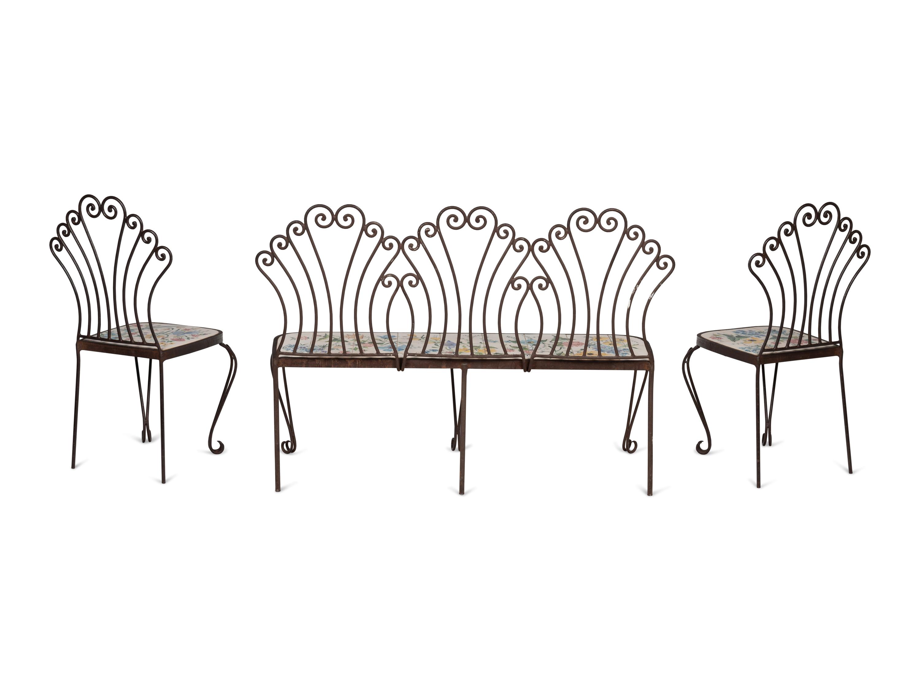 A Wrought Iron and Tile Bench and Pair of Chairs
