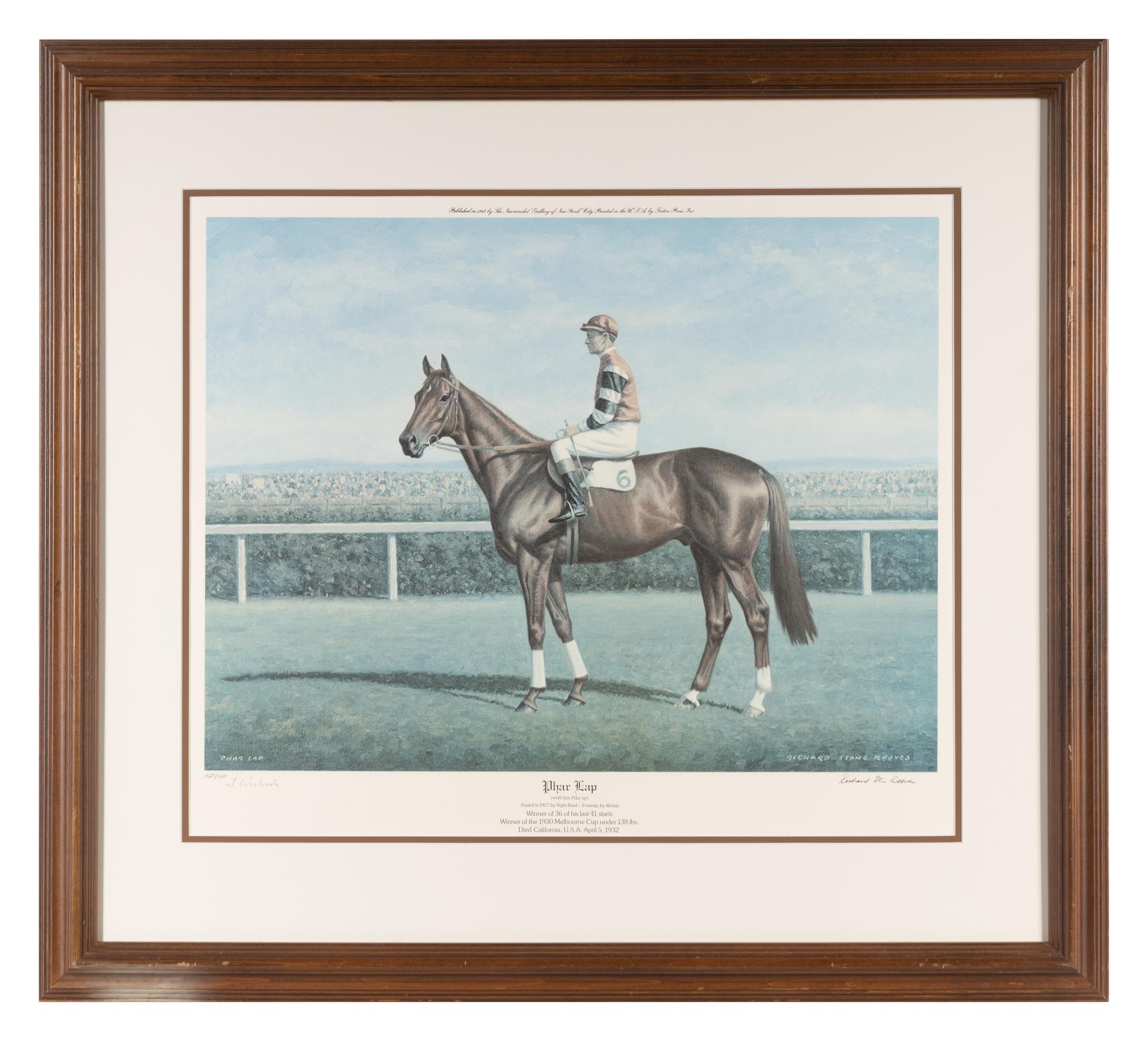 A Phar Lap Limited Edition Richard Stone Reeves Print Signed by Trainer Tommy Woodcock,