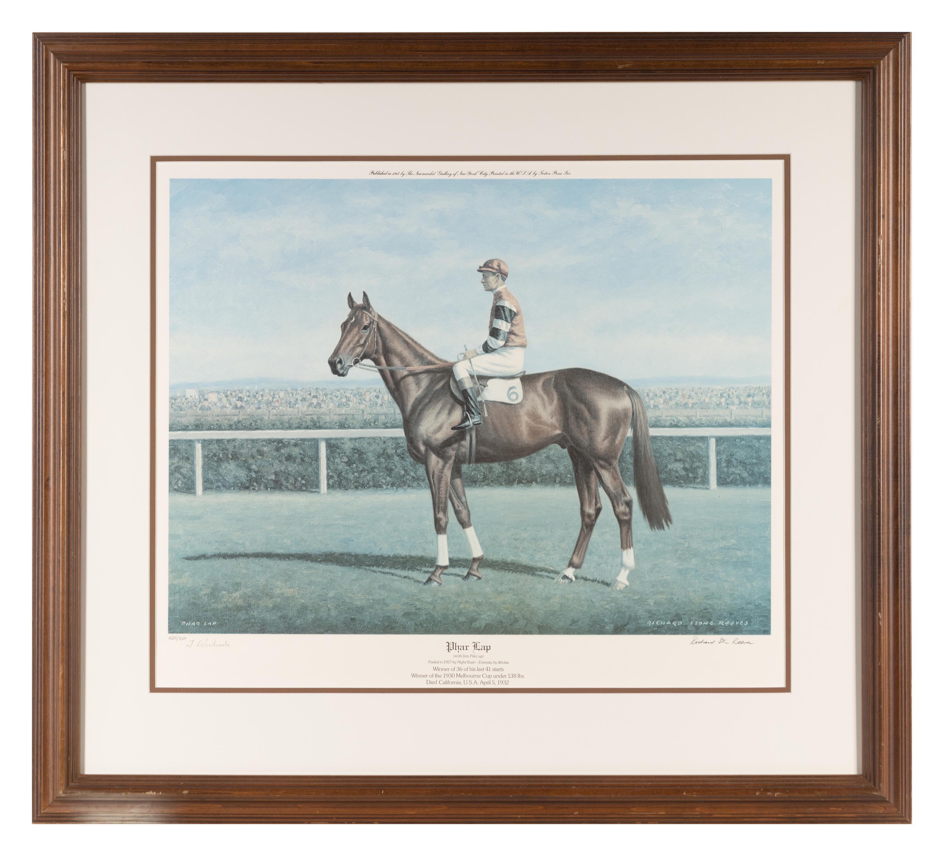 A Phar Lap Limited Edition Richard Stone Reeves Print Signed by Trainer Tommy Woodcock,