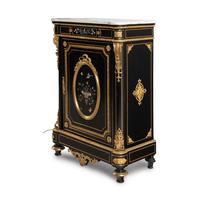 A Napoleon III Style Ebonized, Gilt Bronze and Pietra Dura Plaque Mounted Marble-Top Meuble d’Appui
