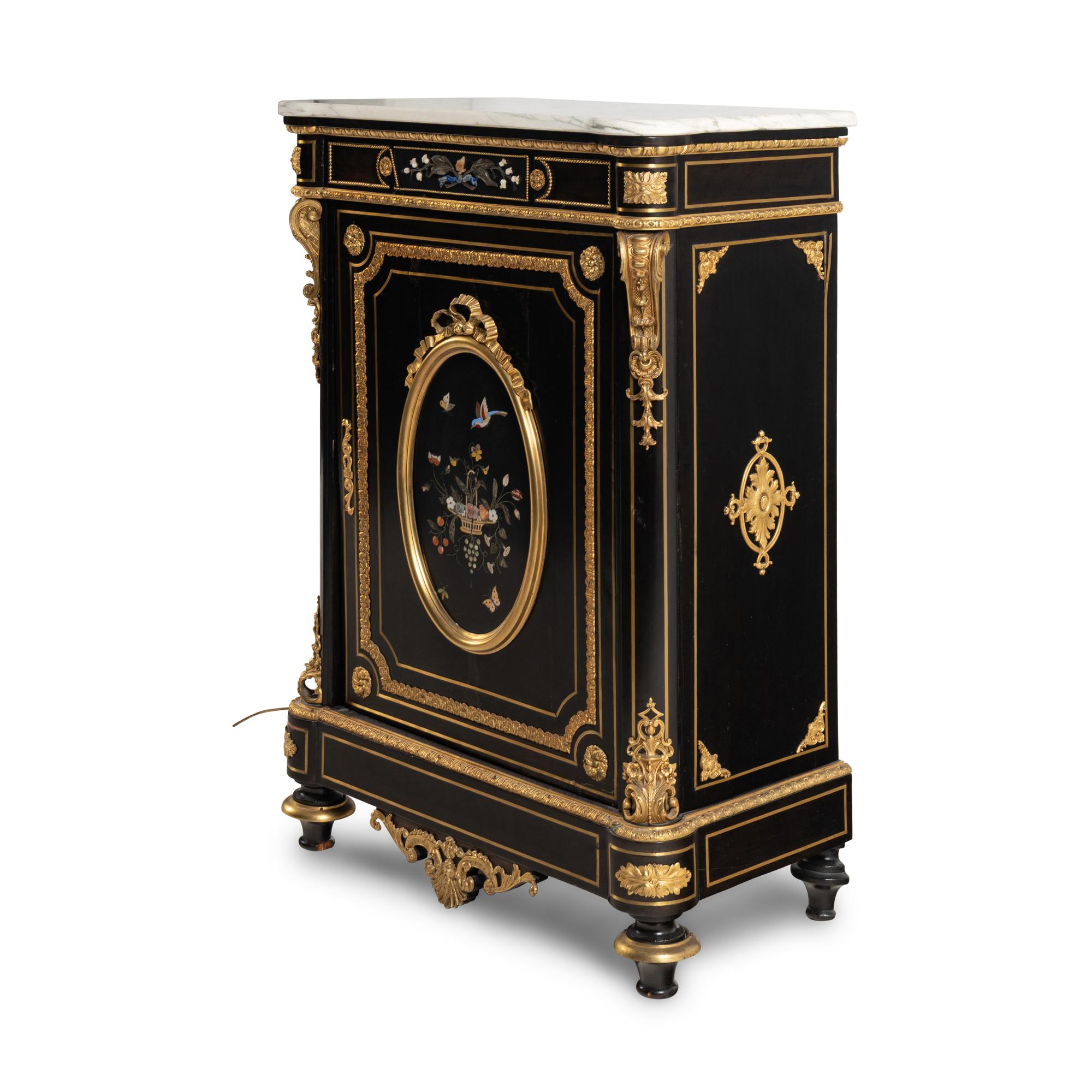 A Napoleon III Style Ebonized, Gilt Bronze and Pietra Dura Plaque Mounted Marble-Top Meuble d’Appui