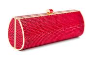 A Judith Leiber Ruby Red Crystal Oblong Clutch, 6.5" x 3" x 2".