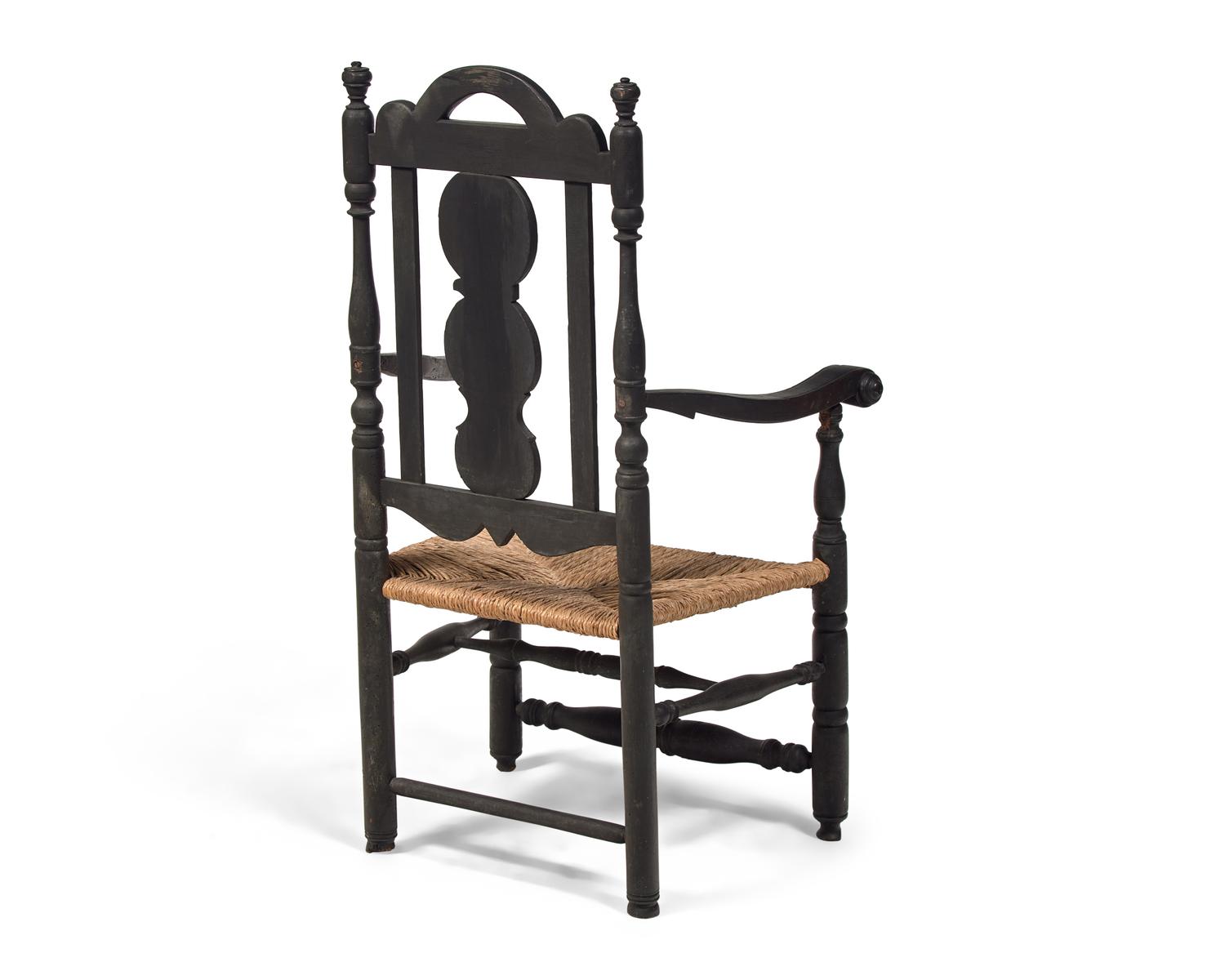 A Rare and Important Painted, Carved and Turned Slat-Back Armchair