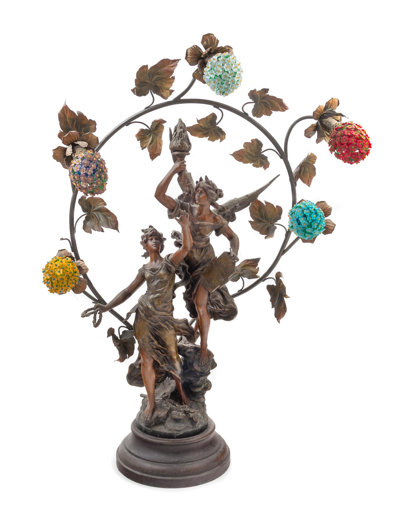 An Art Nouveau Cast Metal Five-Light Newel Post Lamp Height overall 41 inches. — AFTER LOUIS-AUGUSTE & HIPPOLYTE FRANCOIS MOREAU