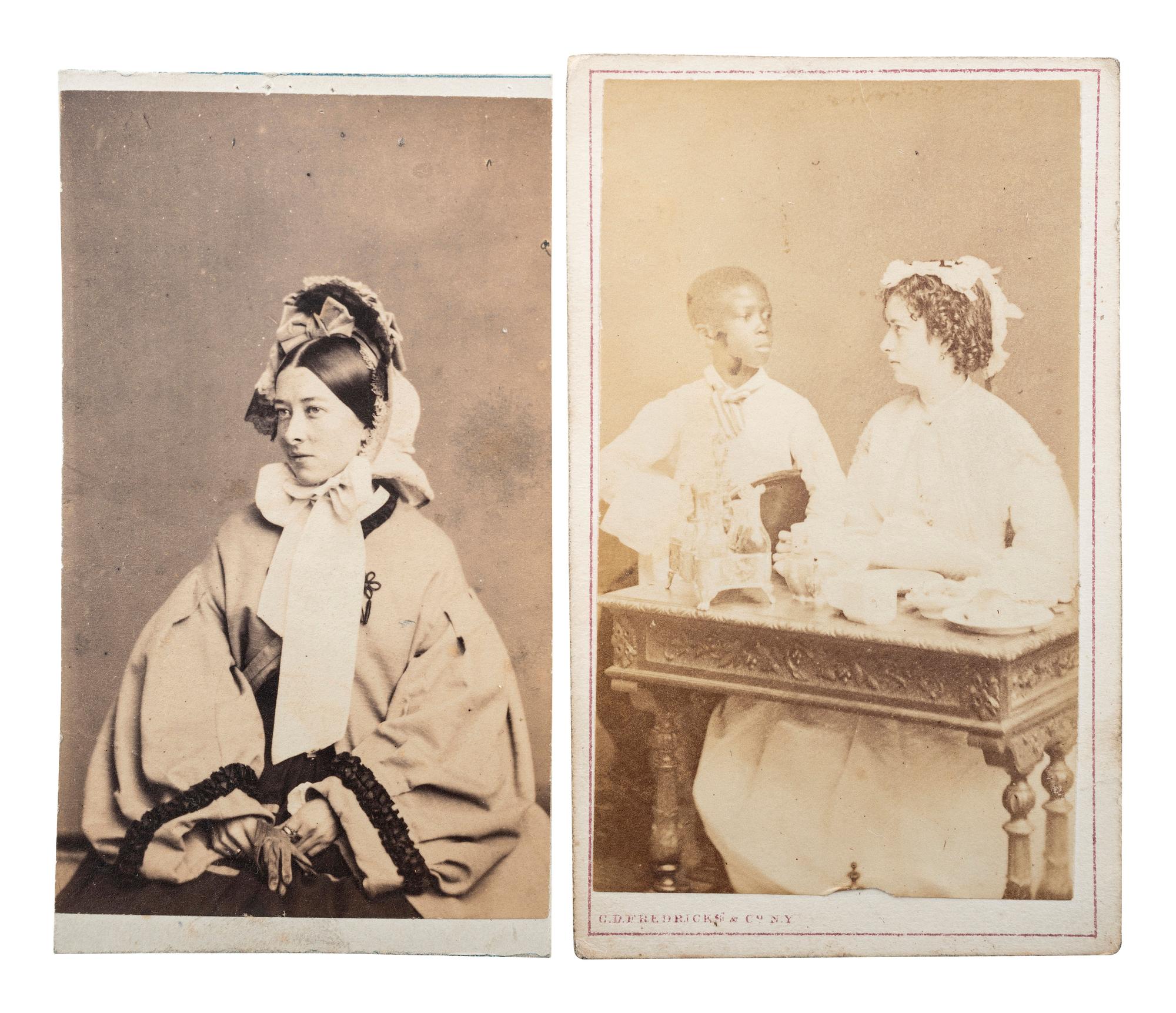[EARLY PHOTOGRAPHY]. FREDRICKS, C.D., photographer. A group of 2 CDVs of actress Emma Webb, incl. image taken with young African American subject. New York, n.d.