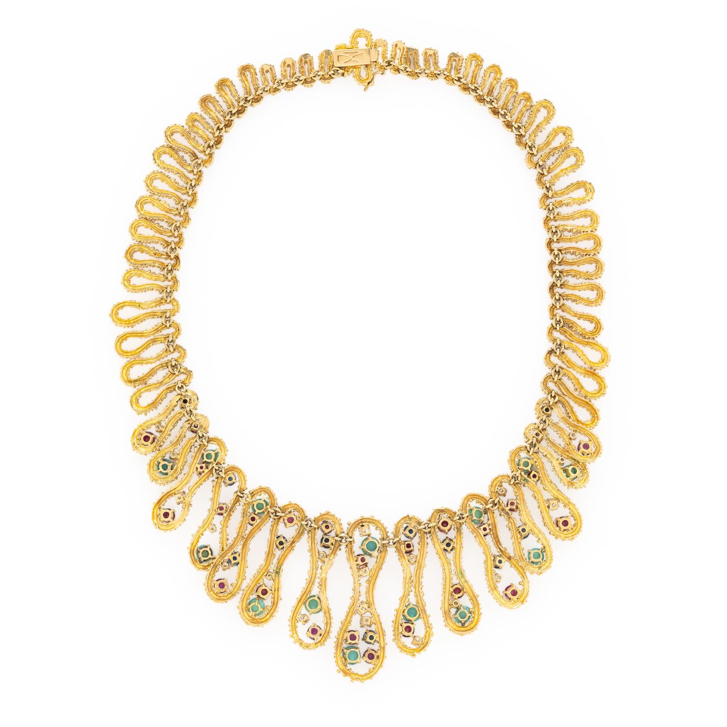 YELLOW GOLD, TURQUOISE, RUBY, SAPPHIRE, AND DIAMOND NECKLACE