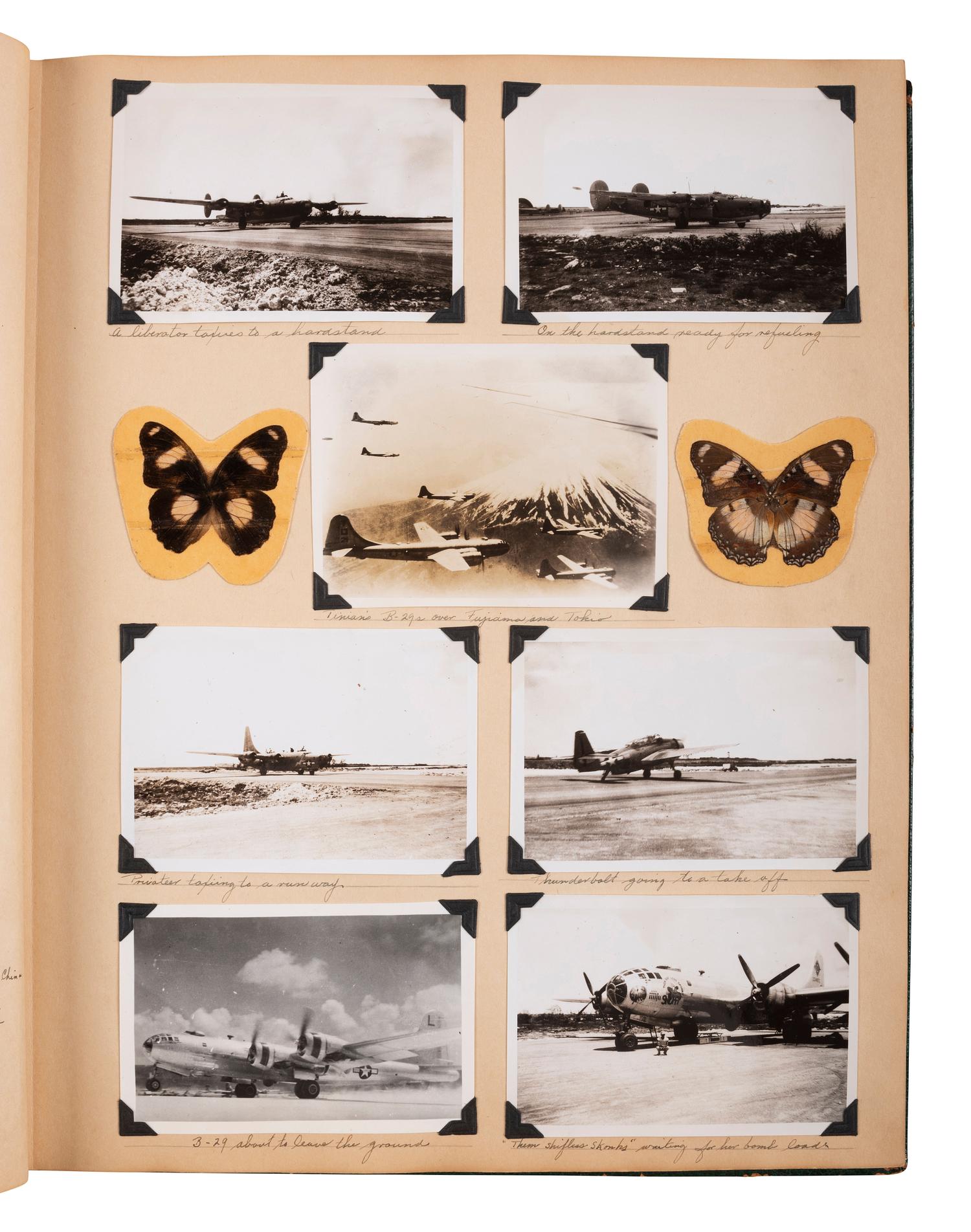 [WORLD WAR II]. Extensive US Navy album identified to James Sumner Douglass, Yeoman First Class, USS Lavaca, featuring pre-war and war-date photographs of Tinian Island, aerial reconnaissance, atomic bomb carriers, and more.