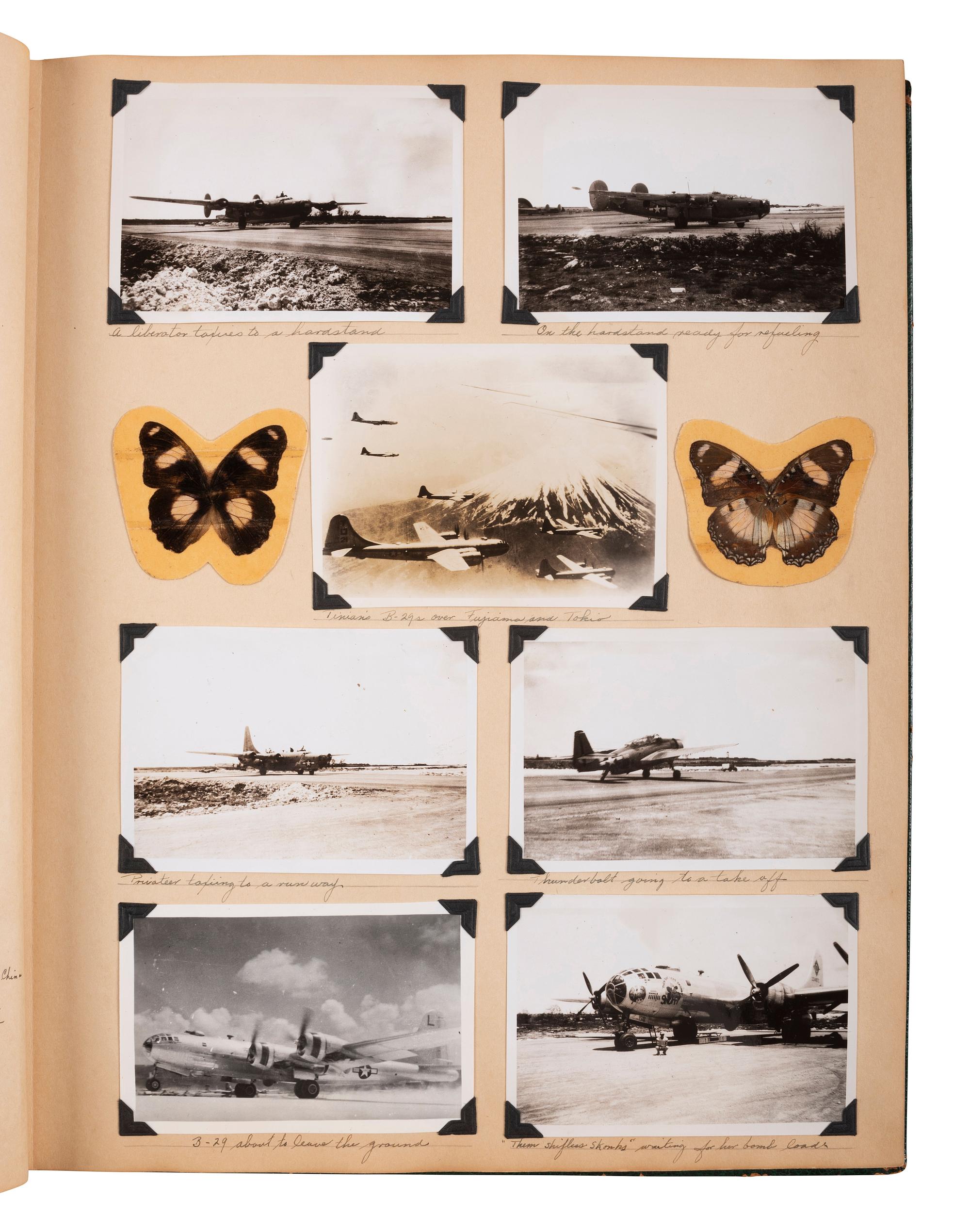 [WORLD WAR II]. Extensive US Navy album identified to James Sumner Douglass, Yeoman First Class, USS Lavaca, featuring pre-war and war-date photographs of Tinian Island, aerial reconnaissance, atomic bomb carriers, and more.