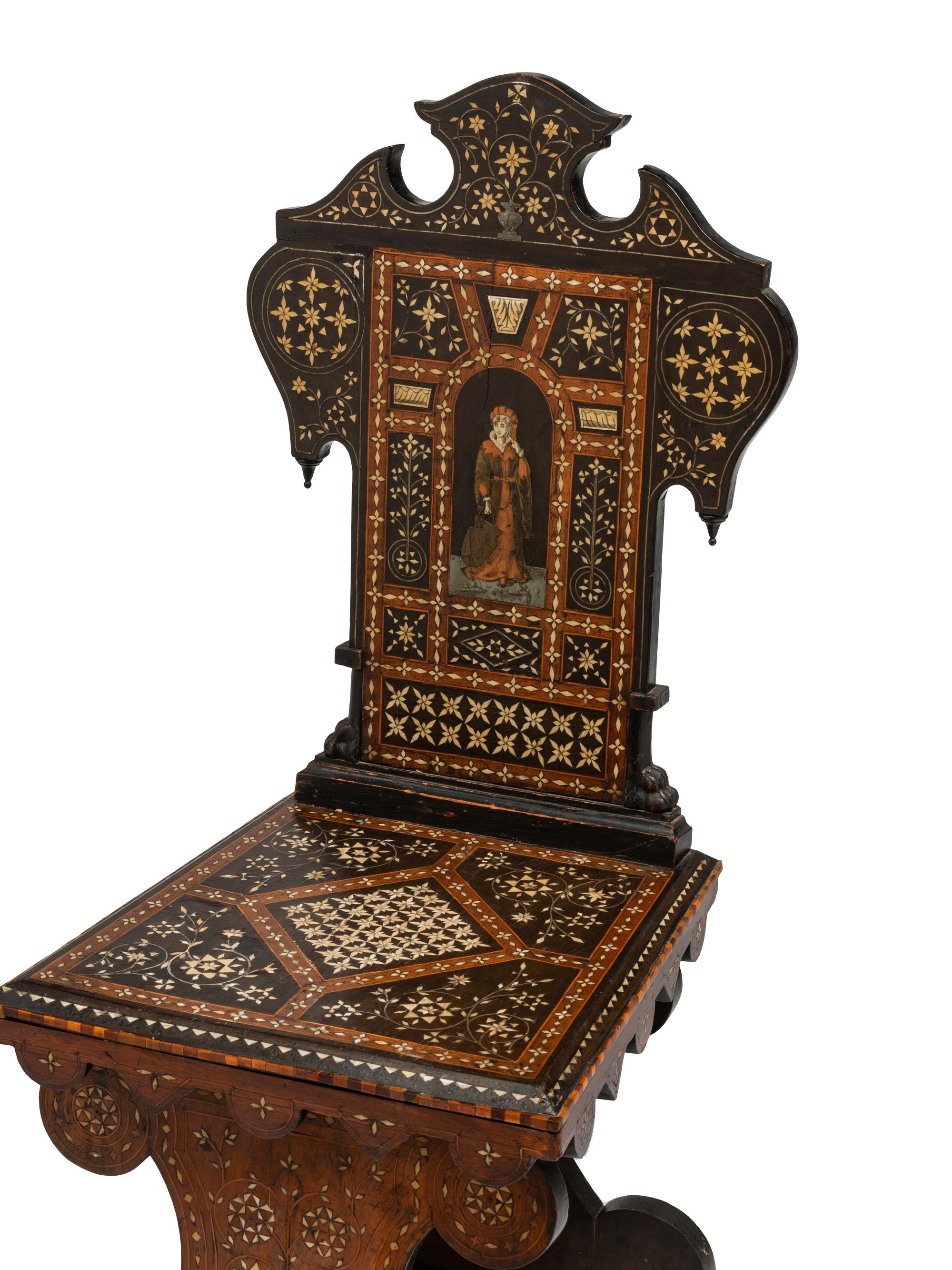 A Pair of Northern Italian Bone Inlaid Hall Chairs
