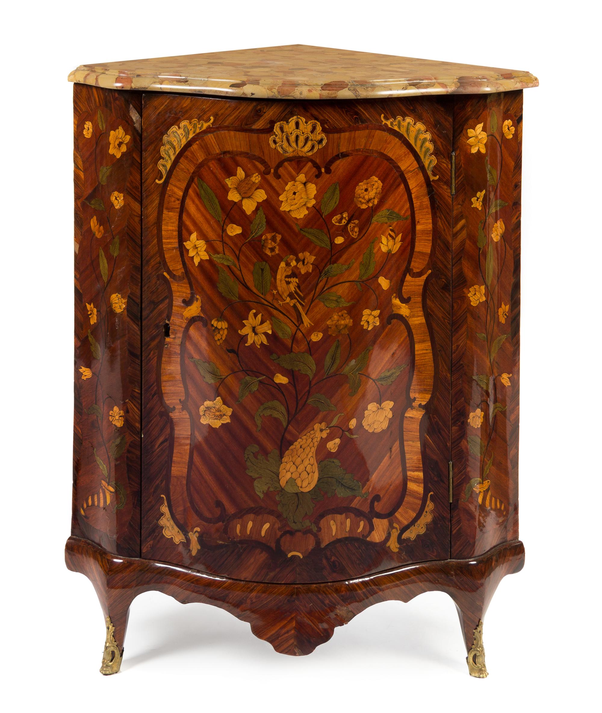 A Louis XV Gilt Bronze Mounted Marquetry Encoignure Height 38 1/4 x width 30 x depth 22 inches. — ATTRIBUTED TO JEAN-PIERRE LATZ, 18TH CENTURY