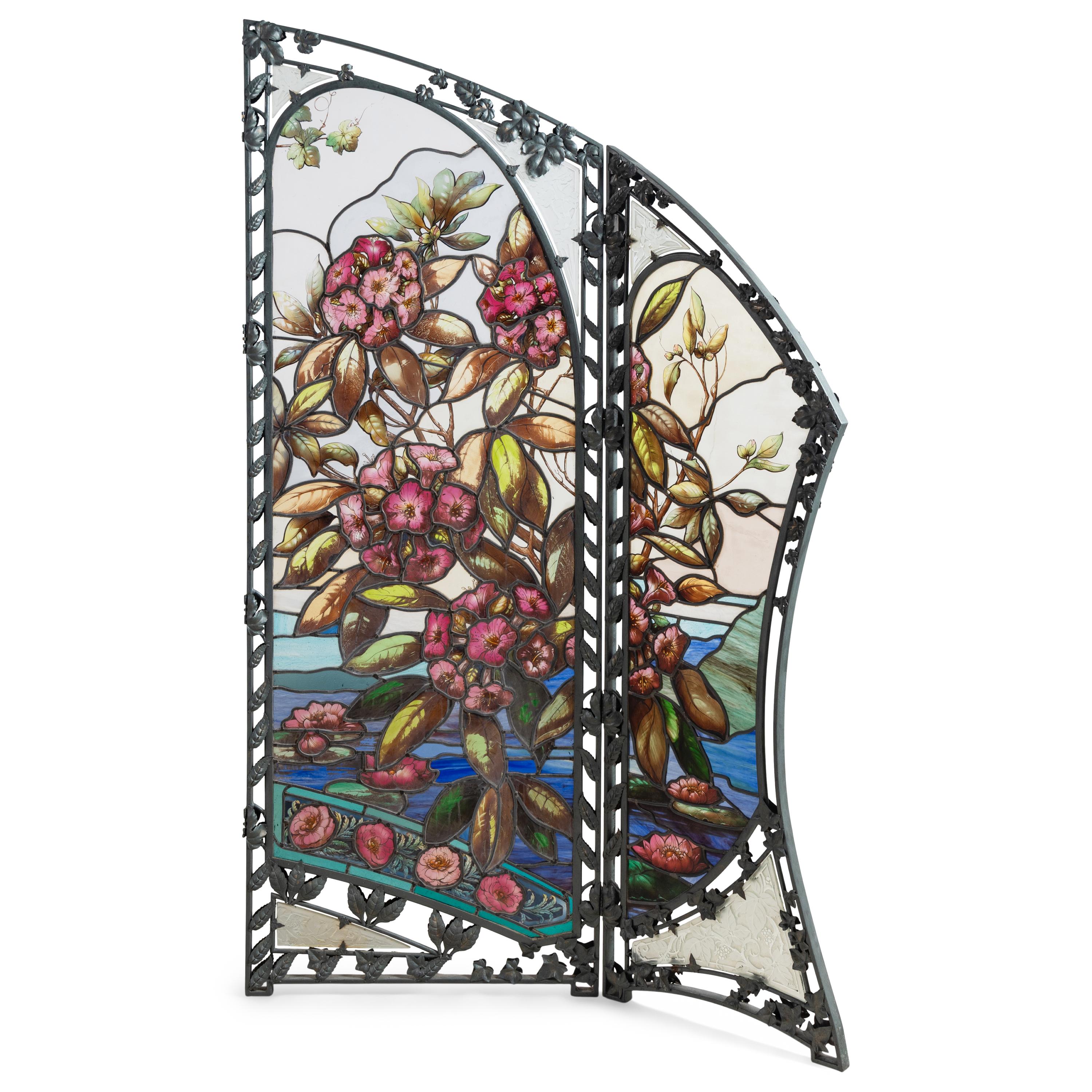 A French Leaded Glass, Painted Iron and Tôle Floor Screen
