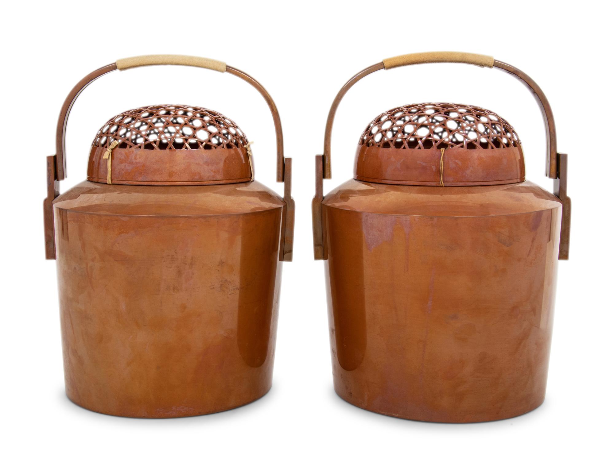 A Pair of Large Japanese Patinated Bronze Hard Warmers