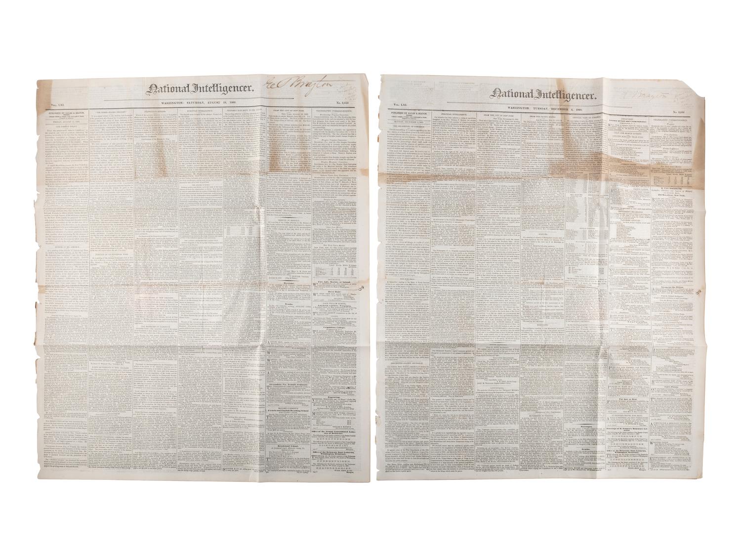 [LINCOLN, Abraham (1809-1865)]. Silk ribbon mourning the loss of Lincoln. [ With: ] Newspapers containing coverage of Lincoln's presidency.
